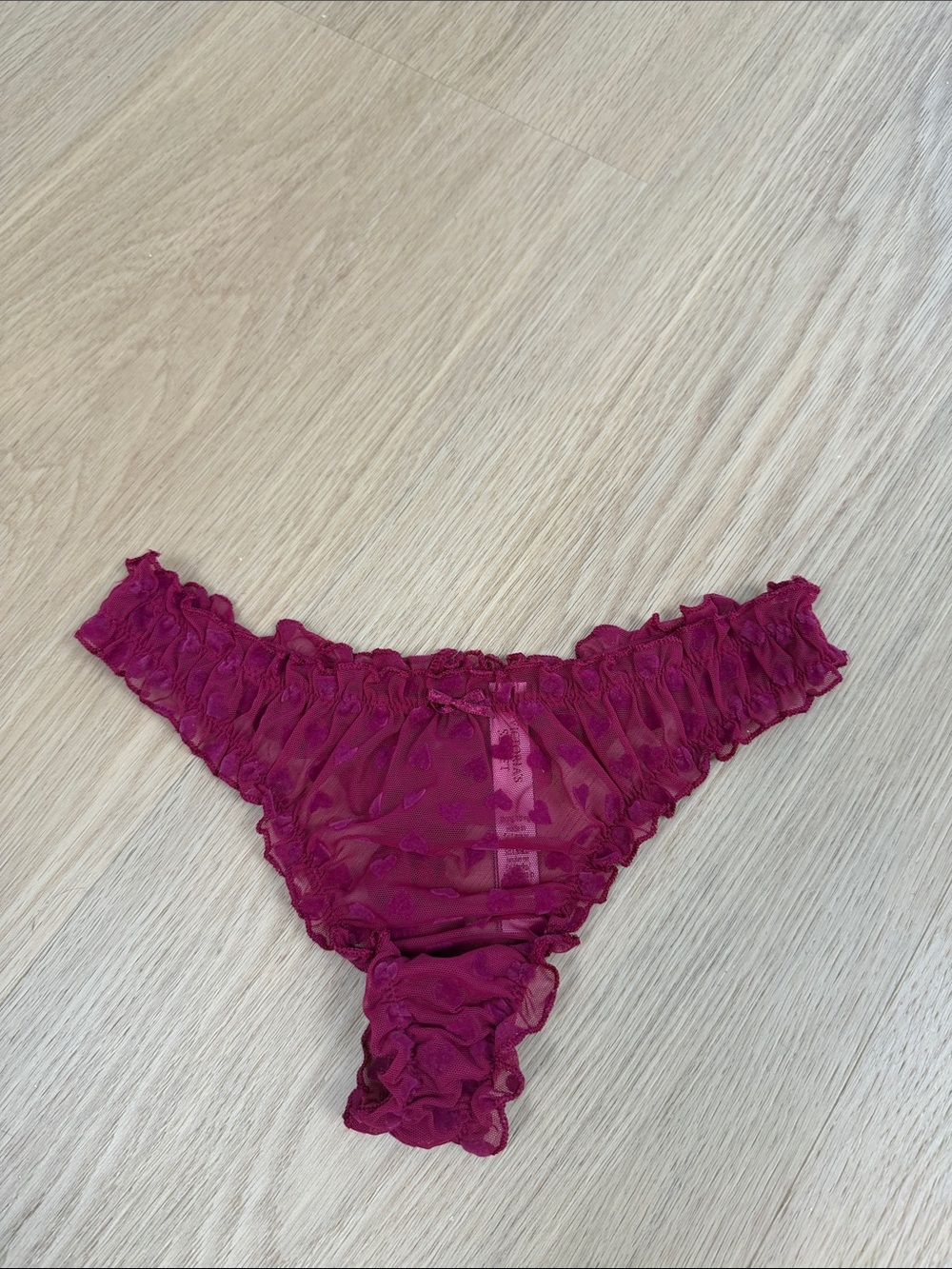 Victoria's Secret Velvet Heart Print Ruffle Mesh Thong Panty S